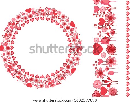 Round season wreath with red pink floral elements isolated on white. Endless horizontal pattern brush. For season design, announcements, postcards, posters.
