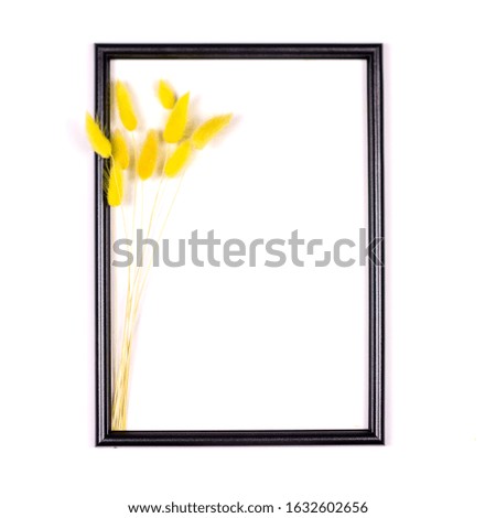 Decorative composition, black photo frame on a white background with yellow fluffy flowers. Flat lay, top view, copy space.