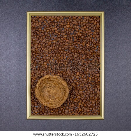 photo frame with coffee beans, flat lay, top view, copy space.