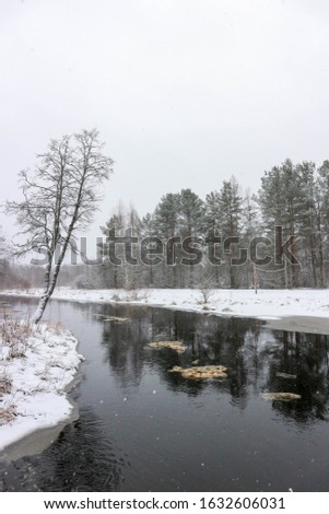 winter landscape with river and falling tree