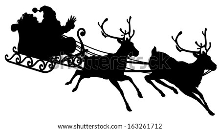 Santa Sleigh Silhouette illustration of Santa Claus in his sleigh flying through the sky being pulled by his reindeer 