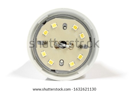 Inside of old LED light bulb on white background, Repair Service, isolated.