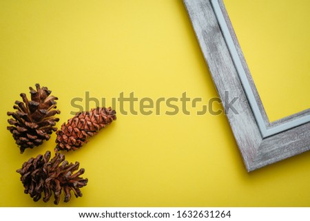 Flat lay pine cones still life with picture frame on yellow background