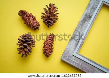 Flat lay pine cones still life with picture frame on yellow background