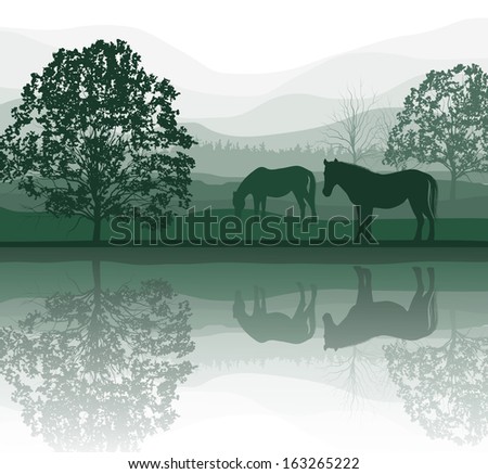 horses on a Meadow with Trees and lake