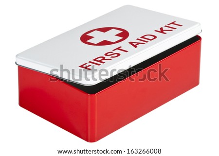 Red and white first aid kit isolated on white background