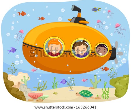 Illustration of Kids Riding a Mini Submarine