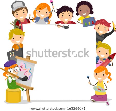 Illustration of Kids Holding Paintbrushes Surrounding a Blank Board