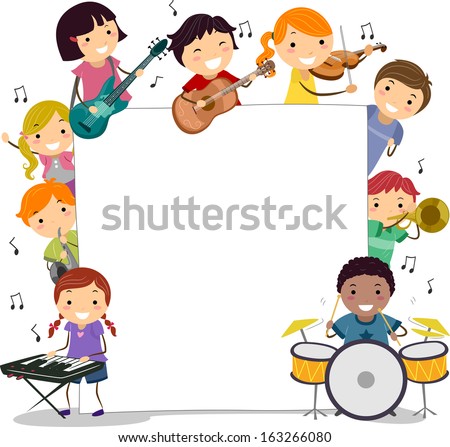 Illustration of Kids Holding Musical Instruments Surrounding a Blank Board