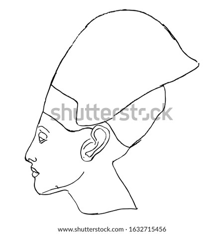 Isolated vector illustration. Profile head of pharaoh Akhenaten in tiara. Ancient Egyptian king Amenhotep IV. Black and white linear silhouette. Hand drawn doodle sketch.