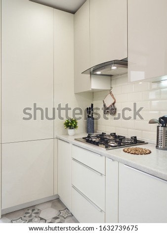 White bright kitchen interior with metal grey stove