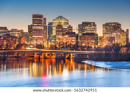 Rosslyn, Arlington, Virginia, USA downtown city skyline at dusk on the Potomac River.