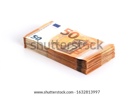 Money background euro cash banknotes 50 euro notes. Pack of money on white background. Business finance cash concept. Flat lay, copy space, from above, top view, horizontal. Royalty-Free Stock Photo #1632813997