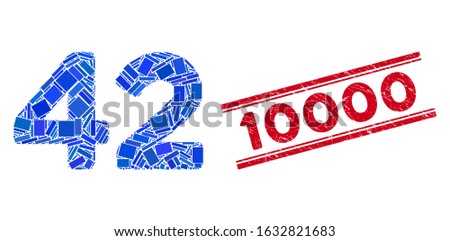 Mosaic 42 digits text icon and red 10000 rubber print between double parallel lines. Flat vector 42 digits text mosaic icon of randomized rotated rectangular items.