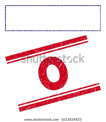 Mosaic rectangle frame pictogram and red 0 seal between double parallel lines. Flat vector rectangle frame mosaic pictogram of randomized rotated rectangle elements. Red 0 seal with grunge textures.