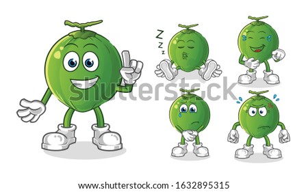 set of coconut cartoon. emoji with 5 expressive styles. cartoon mascot vector