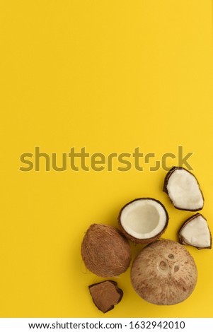 Ripe coconuts on yellow background. Coconuts in different forms in the corner of the background. Top View. Copy Space. Minimal summer concept
