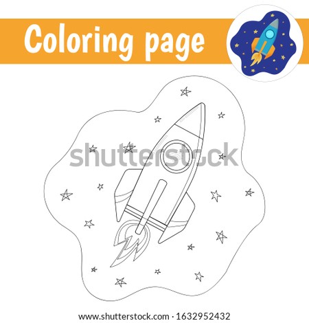 Coloring page. A spaceship in the sky with stars. Coloring book for children.