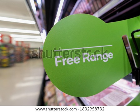 Free range food sign in a supermarket aisle in Wellington New Zealand