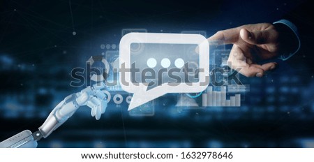 View of a Cyborg hand holding a message icon with data in background - 3d rendering