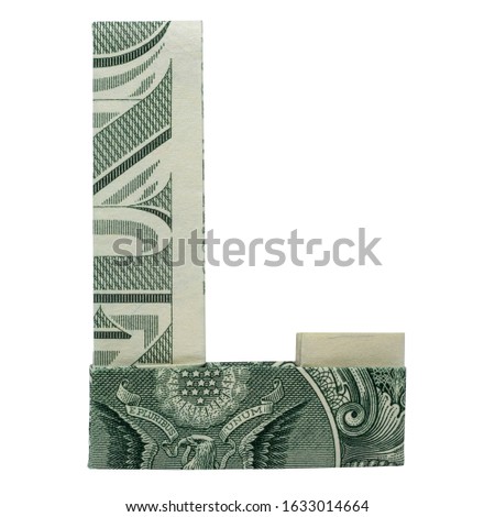 Money Origami LETTER L Character Folded with Real One Dollar Bill Isolated on White Background Royalty-Free Stock Photo #1633014664