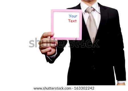 one caucasian business man holding showing