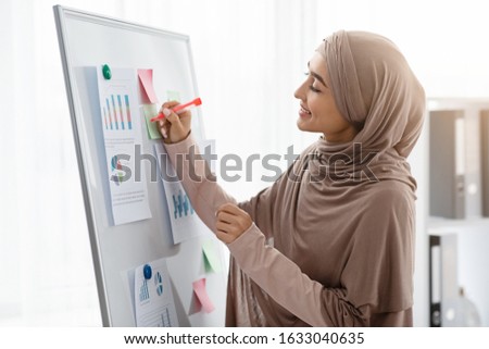 Islamic businesswoman in hijab preparing for presentation in office, taking notes, writing on white board with pinned graphs and charts