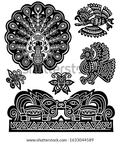 Set of stylized petroglyph style drawings of jaguar, cock, eagle, butterflies. American native tribal style, aztec or maya art. Black and white, isolated for logo design. Vector stock illustration.
