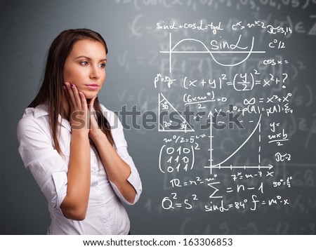 Beautiful young school girl thinking about complex mathematical signs