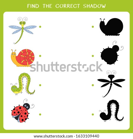 Find the correct shadow for insects. Vector worksheet of simple educational game for kids