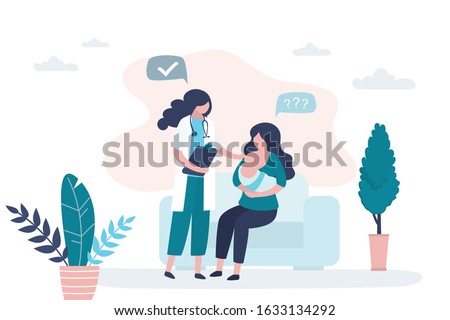 Woman holding and breastfeeding infant baby. Consultation with a mammologist or pediatrician. Doctor talking with patient. Healthcare and childhood concept background. Trendy style vector illustration Royalty-Free Stock Photo #1633134292