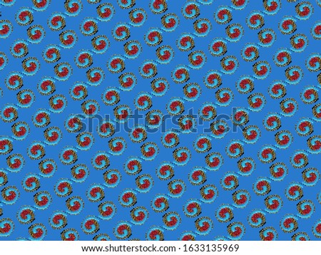 A hand drawing pattern made of yellow red dots with blue on a black background 