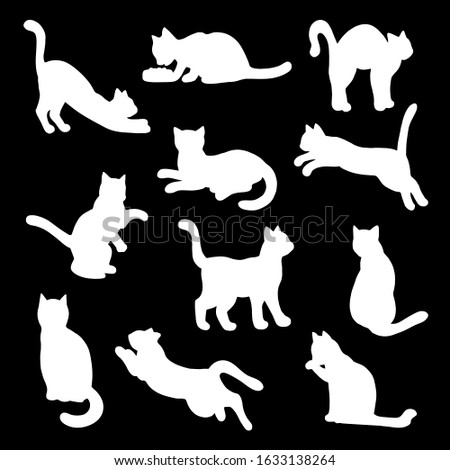 Vector set of cat silhouettes - white stencil on a black background: cat eats, sleeps, sits, washes, jumps, plays. For creativity and design