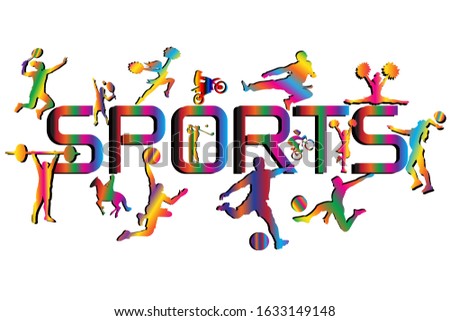 Colorful sports background. Football, Basketball, Cheerleader, Taekwondo, Volleyball, Badminton, Golf, Tennis, Weightlifting, Equestrian, Racing, Bicycle. Logo, Text, Silhouette. Vector illustration.