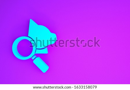 Blue Veterinary clinic symbol icon isolated on purple background. Magnifying glass with cat veterinary care. Pet First Aid sign. Minimalism concept. 3d illustration 3D render
