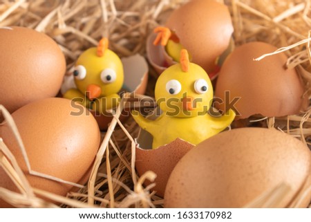 Chicks in a straw from plasticine.Chicken egg and plasticine chicken toys.