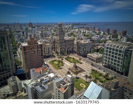 Plaza Independencia, Palacio Salvo, Aerial View of Montevideo, Uruguay. Royalty-Free Stock Photo #1633179745