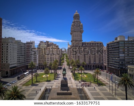 Plaza Independencia, Palacio Salvo, Aerial View of Montevideo, Uruguay. Royalty-Free Stock Photo #1633179751