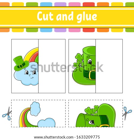 Cut and play. Paper game with glue. Flash cards. rainbow, hat. Education worksheet. Activity page. Funny character. Isolated vector illustration. St. Patrick's day. Cartoon style.