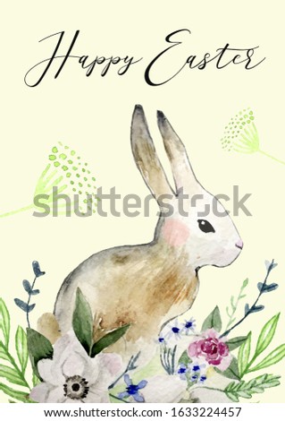 Easter bunny with flowers and leaves. Happy Easter card