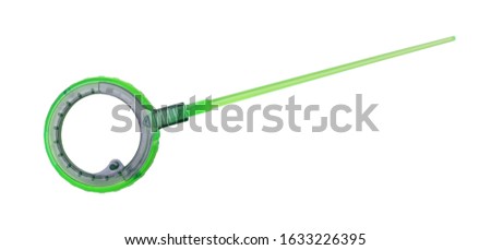 Plastic winter fishing rod isolated on white background. Top view.