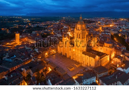 Segovia Cathedral aerial view at night in Spain.