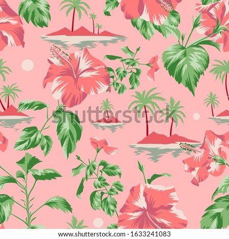 Seamless island botanical pattern. Colorful summer tropical background. Landscape with palm trees, beach and ocean mixed with large pink Chinese Hibiscus rose flowers. Flat design, Floral bloom.