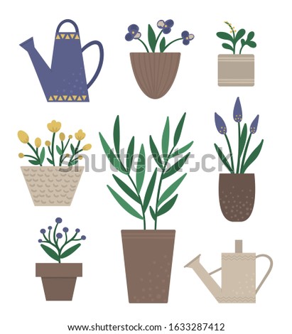 Vector illustration of plants in pots with watering cans. Flat trendy hand drawn set of houseplants for home gardening design. Collection of beautiful spring and summer herbs and flowers