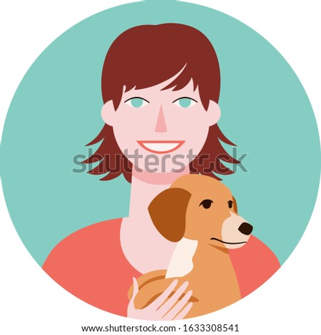 Circle vector icon with portrait of happy young woman in red shirt and little dog. Smiling girl with short hair and puppy