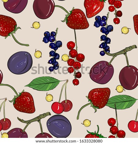  berry seamless pattern drawing. Hand drawn vintage vector background. Summer fruit set of strawberry,cherry, plum, cranberry, currant, cherry, srawberry, blueberry. Food for menu, label, tea or jam