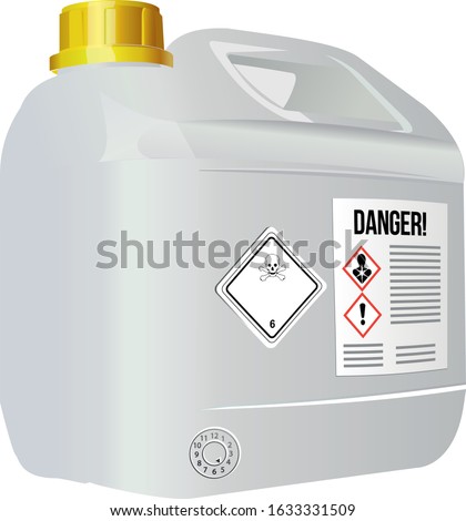 Canister for the transport of dangerous goods. Danger sign on canister.