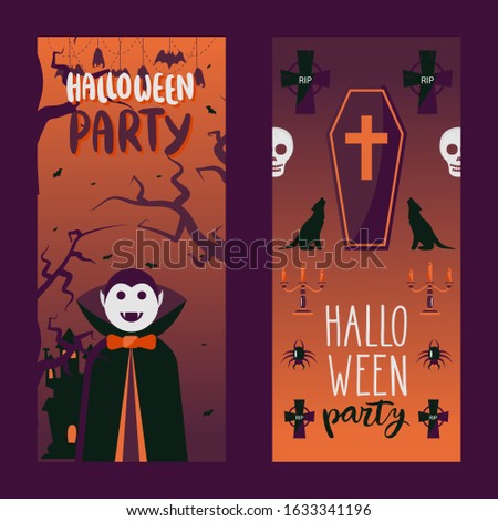Halloween party invitation, vector illustration. Vertical banners with traditional symbols of halloween vampire Dracula, coffin, spider, bat and cross. Cartoon style spooky icons for party invitation