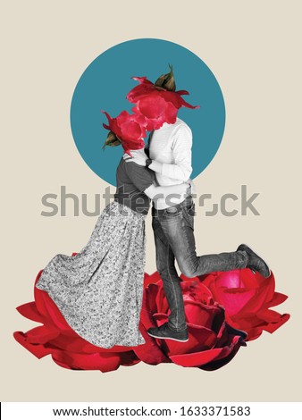 Vintage art collage. Lovely couple kiss Royalty-Free Stock Photo #1633371583