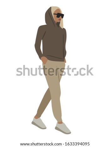 Vector fashion illustration of trendy modern girl  in grey sweatshirt and trousers. Fall winter collection. 